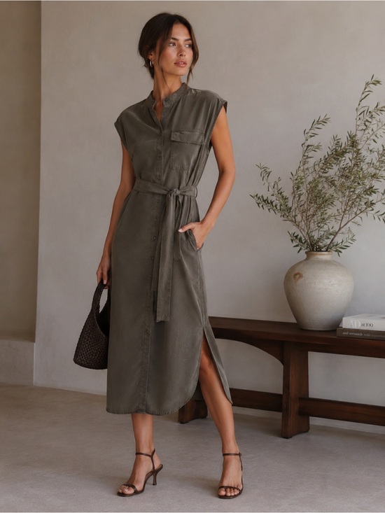 Caslon Dresses & Skirts - Caslon Olive Shirt Dress with Waist Tie